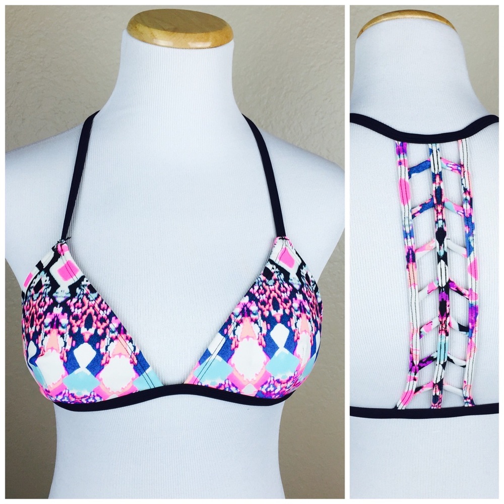 LA HEARTS Colorful Pink Mosaic Caged Bikini Swim Top SMALL Beach Pool Racerback